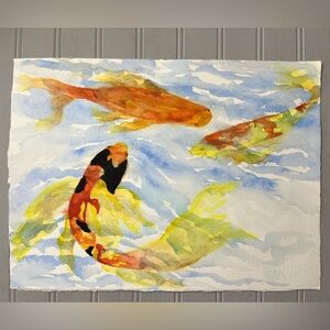 Original Watercolor Fish Art Painting Colorful Blue Yellow Orange NWOT‎